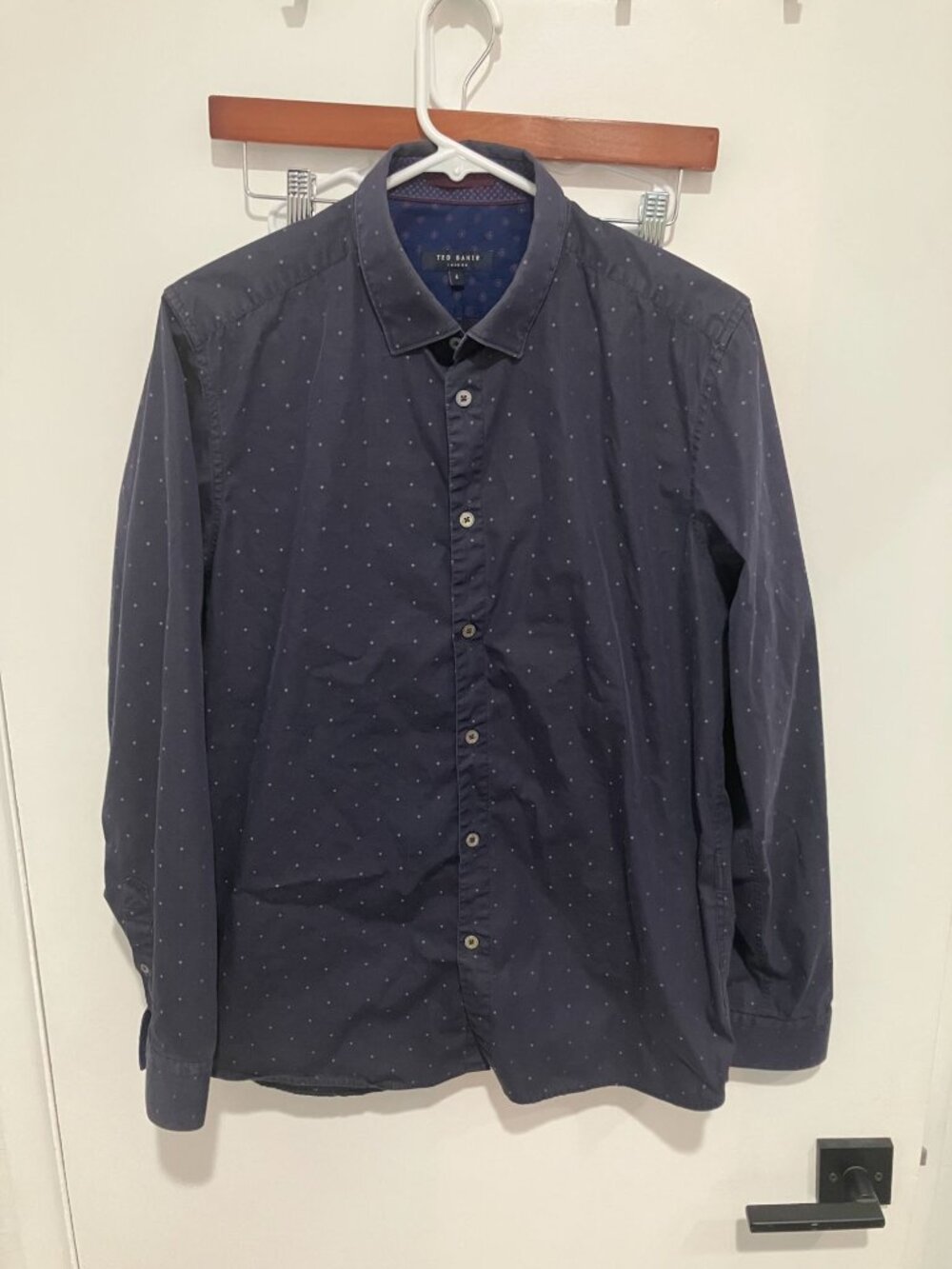 Ted Baker London Men's Polka Dot Button Down Shirt, Navy, Size 4 (US Large)